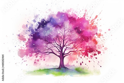  a watercolor painting of a tree with purple  pink  and green splatkles on a white background.