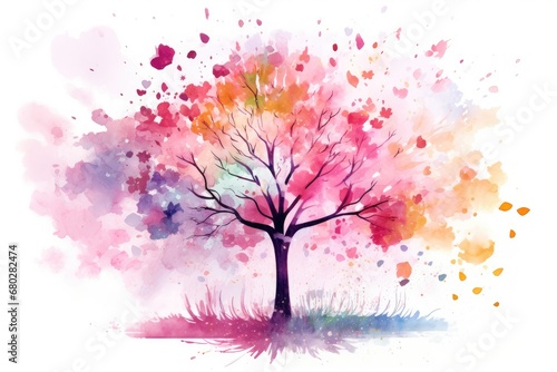  a watercolor painting of a colorful tree with lots of leaves on the tree and grass in the foreground.