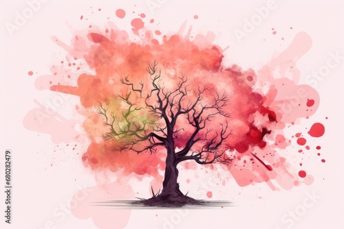  a watercolor painting of a tree with red, yellow, and green leaves on it's trunk and branches.