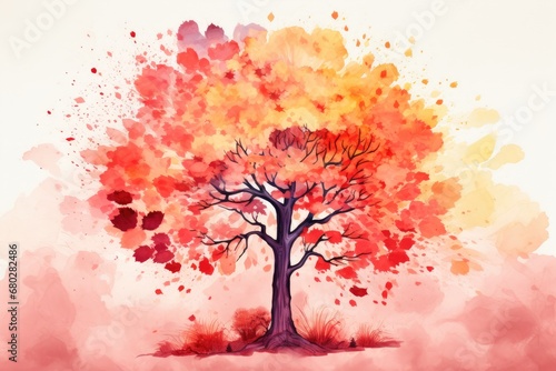  a watercolor painting of a tree with red  yellow  and orange leaves in the shape of a heart.