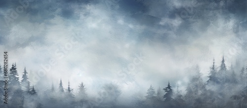 In this abstract art piece, the background is a textured sky, capturing the beauty of winter landscape with snow-covered trees and white clouds surrounded by a serene forest, creating a unique concept