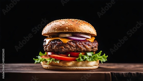 Homemade tasty burger on wooden table - fast food.