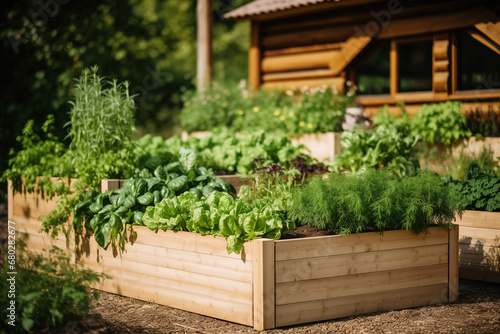 Raised garden beds full of flourishing organic vegetables and aromatic spices. Modern permaculture raised-bed gardening for beautiful backyard space and growing healthy veggies and aromatic spices