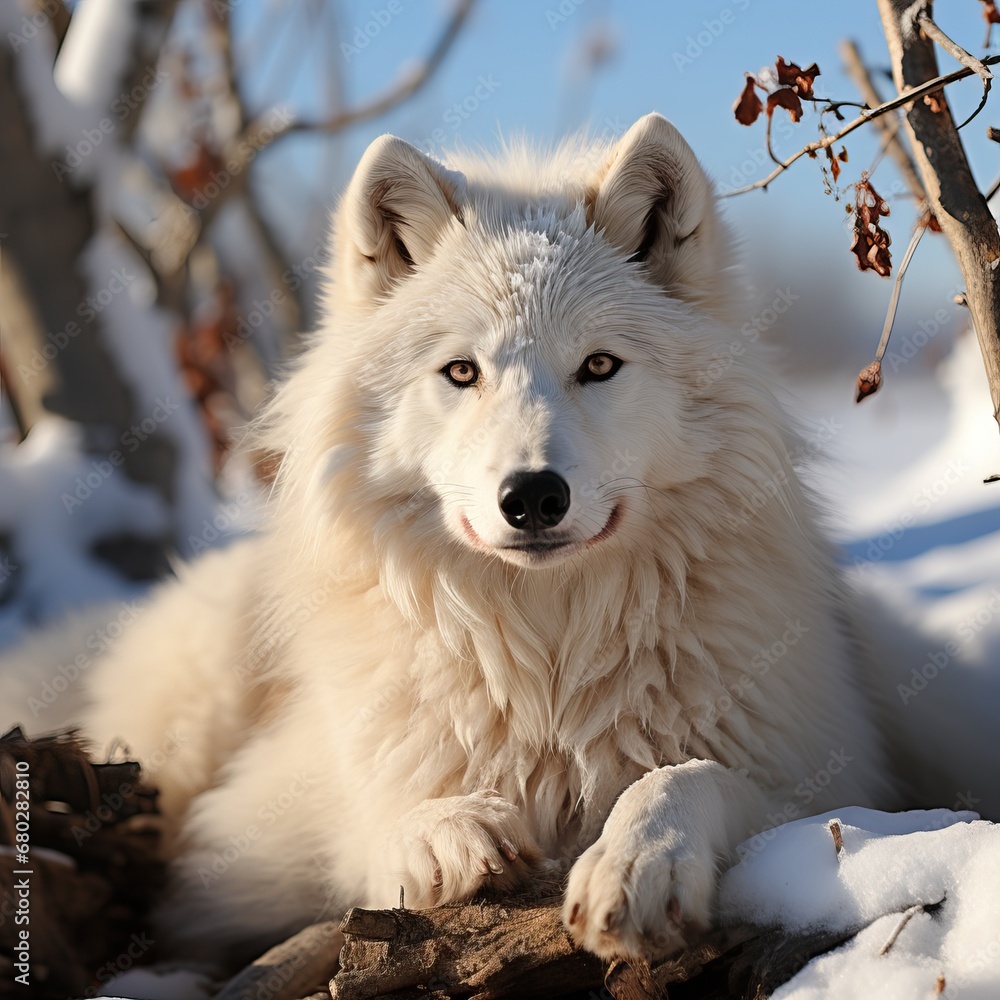 Close beautiful wild arctic wolf on snow. Wildlife scene on nature. Great image for web icon, game avatar, profile picture, for educational needs of nature theme. Square