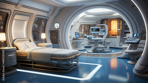 Medical technology with robotic assisted surgery in operating room with treatment beds. Sci fi futuristic interior, various healthcare equipment and medicines.. AI Generative
