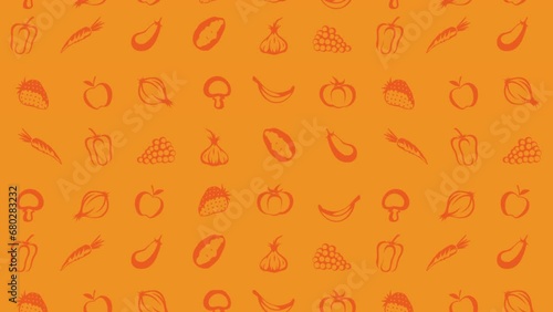 Moving Fruit and Vegetables Icons, Animated Orange Background