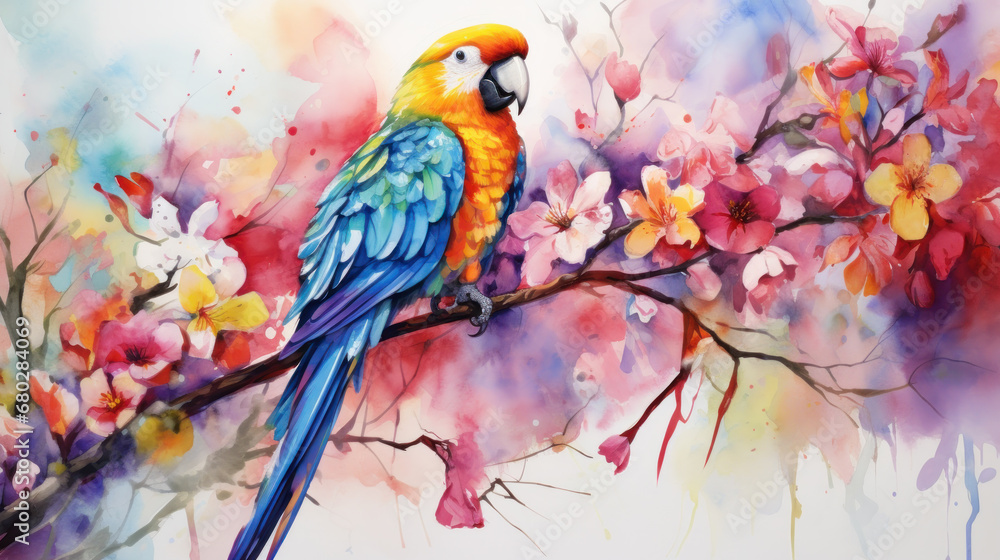 Obraz premium Blue and yellow Macaw on cherry branch