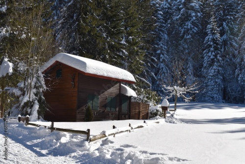 a snowcapped shack in winter in switzerland © MendyZa