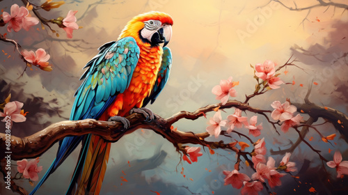 Blue and yellow Macaw on cherry branch