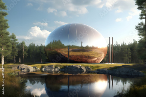 Beautiful futuristic building with a lake. 