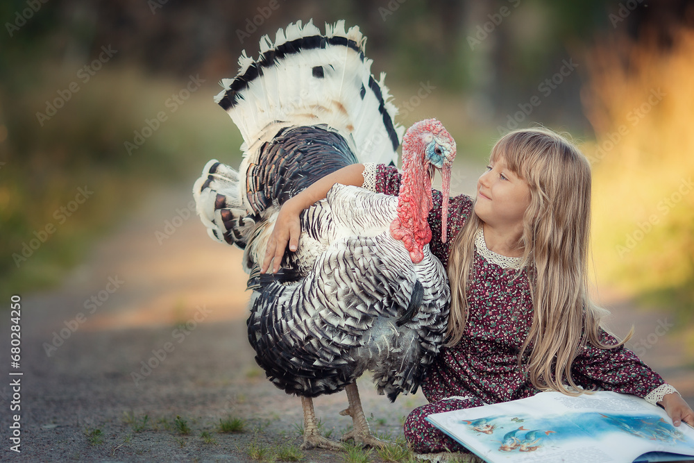 Girl with long hair on dress with turkey bird on countryside at sunset - obrazy, fototapety, plakaty 