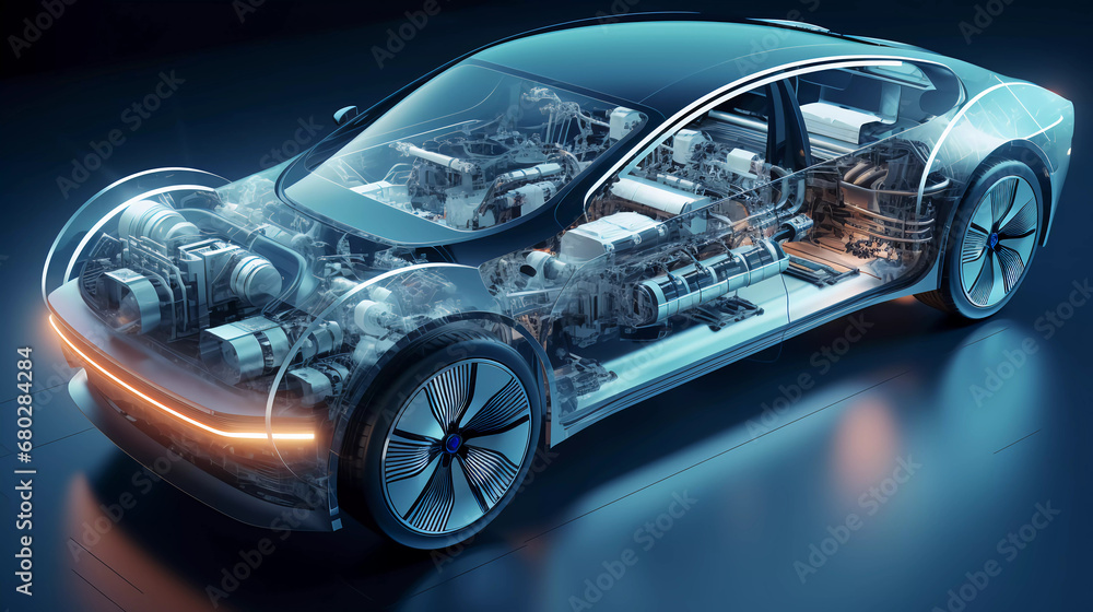 Electric car technical cutaway with all main details of EV system in ghost effect