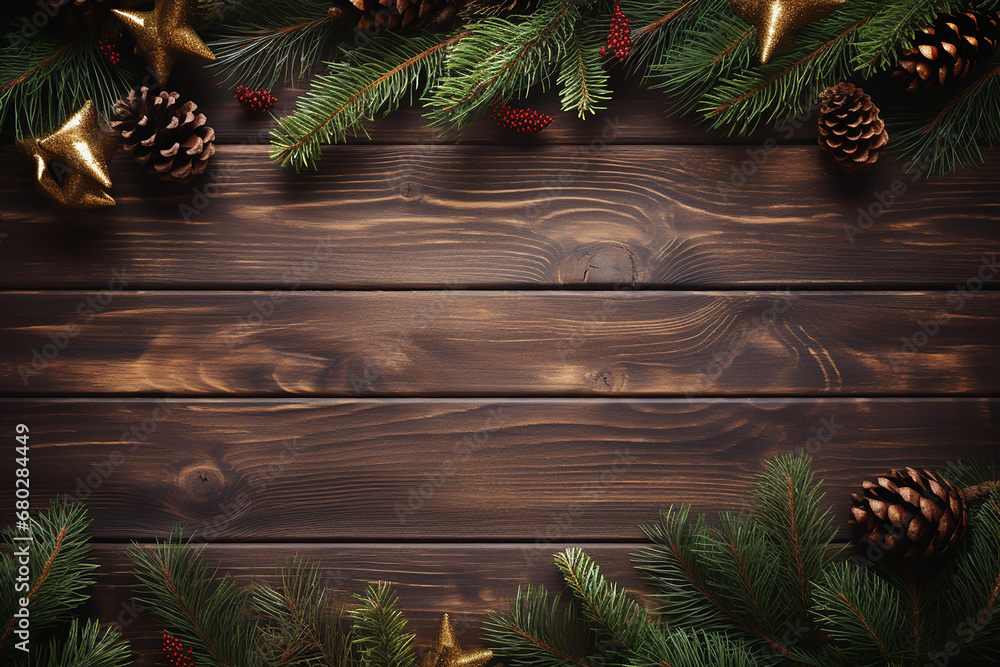 Festive Christmas Background: Fir Tree and Decorations on Dark Wooden Board Created with generative AI tools Festive Christmas Background: Fir Tree and Decorations on Dark Wooden Board Created with generative AI tools