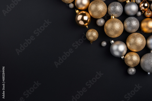 Festive Christmas Decor: Beautiful Golden and Silver Baubles on Dark Black Background Created with generative AI tools