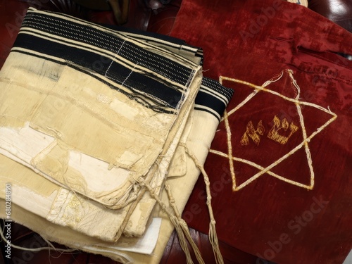 Jewish antique Tallit with velvet Bag and Star of David. Judaica. photo
