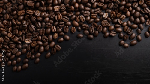 Coffee beans on dark background, top view