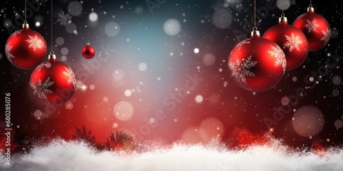 Christmas background with red balls, christmas tree branches and snowflakes. Holiday concept for banner, greeting card, invitation. © Lubos Chlubny