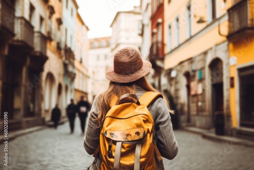 View of a female tourist with a backpack. Guide, tourism in Europe