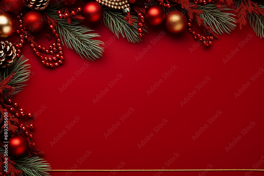 Christmas Border: Fir Branches and Decoration Ornaments on Red Background Created with generative AI tools Christmas Border: Fir Branches and Decoration Ornaments on Red Background Created with generative AI tools