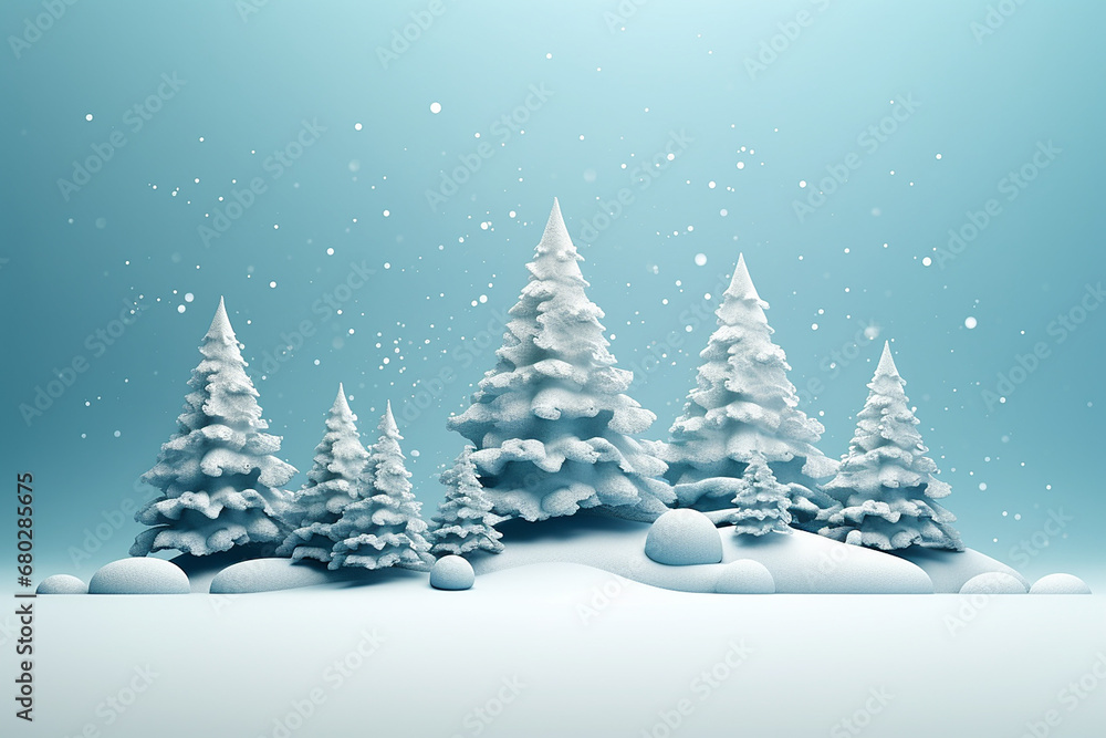 Festive Realistic 3D Christmas Trees in Snow Drifts New Year Composition Created with generative AI tools
