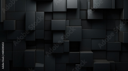 Abstract 3D render of black cubes with varying depths, creating a modern and minimalist texture photo