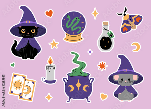 Cute magical set of stickers. Cat, mouse, cauldron, ball, potion, candle, cards and moth. Witchcraft and esoteric elements. Vector illustration