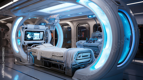 Medical technology with robotic assisted surgery in operating room with treatment beds. Sci fi futuristic interior, various healthcare equipment and medicines.. AI Generative