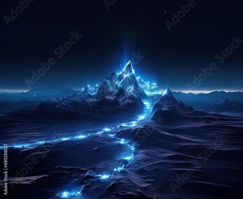 Enchanting blue mountain peak with a mystical light beam piercing the night sky. © Alex