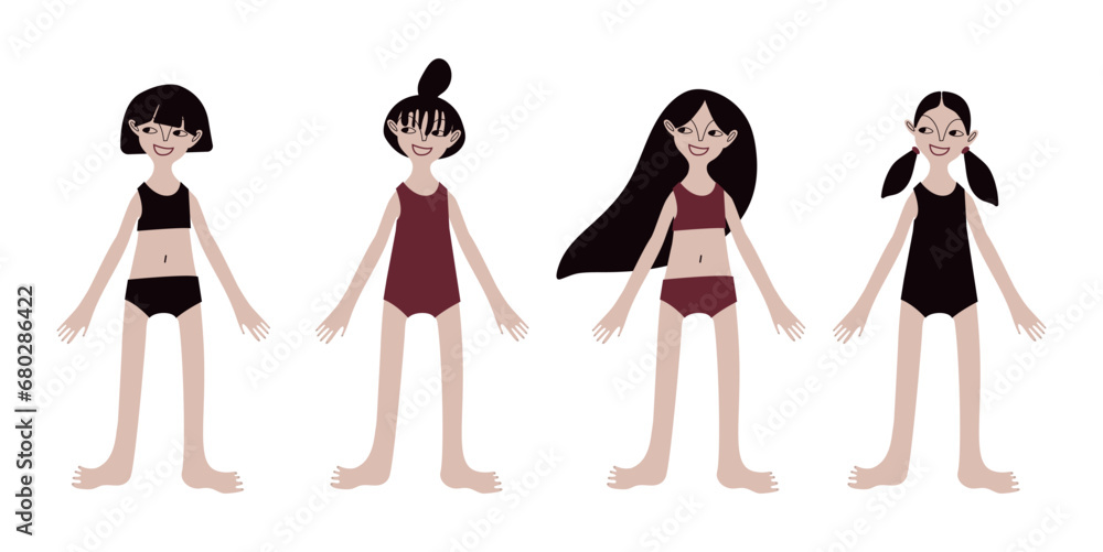 Four Asian girls in swimsuits. Children. Kids. Diversity.Diversity. Pale skin and dark hair. Vector illustration in flat style Four Asian girls in swimsuits. Children. Kids. Diversity.Diversity. Pale skin and dark hair. Vector illustration in flat style