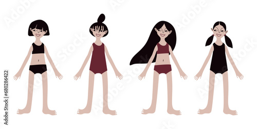 Four Asian girls in swimsuits. Children. Kids. Diversity.Diversity. Pale skin and dark hair. Vector illustration in flat style
