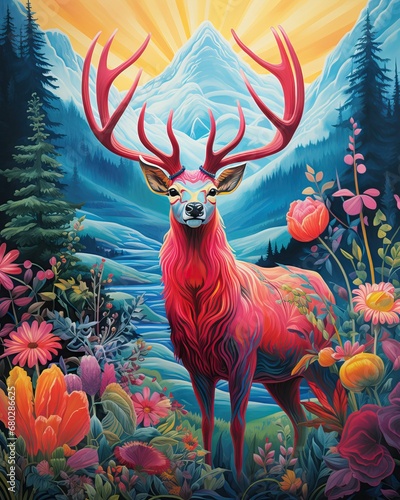 vivid neon pink red blue yellow orange deer in the scandinavian mountains surrounded by exotic flora and animals, minimal figures 