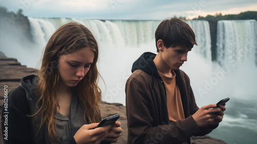 Disinterested kids on their cellphones in front of Niagra Falls