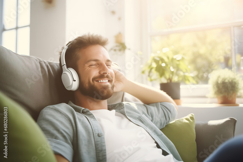 Smiling man on a sofa, listening music with a headphones.