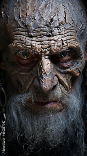Deep Wrinkles: Closeup of an Elderly Face with Beard and Intense Look