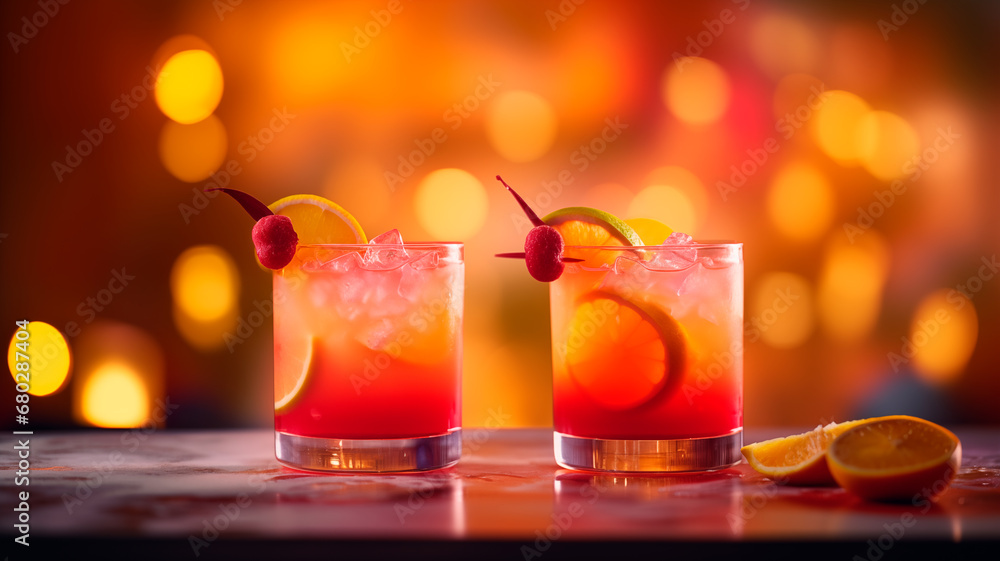 Tequila sunrise margarita cocktail with ice and grenadine on a black background. Generative AI