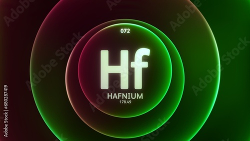 Hafnium as Element 72 of the Periodic Table. Concept illustration on abstract green red gradient rings seamless loop background. Title design for science content and infographic showcase display. photo