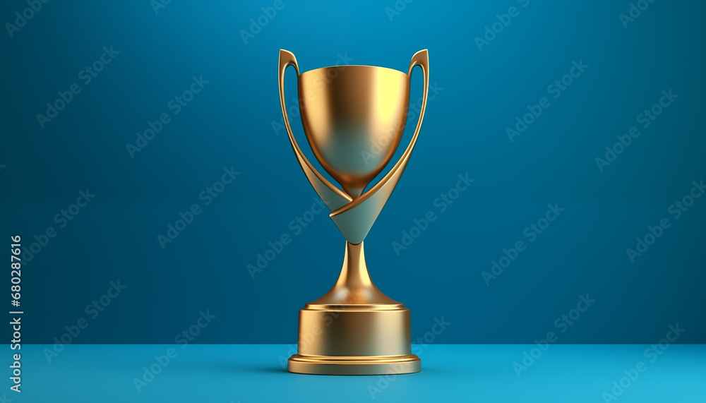 A golden trophy on blue background. Minimalistic wallpaper. Concept of sport and business success. A golden trophy on blue background. Minimalistic wallpaper. Concept of sport and business success.