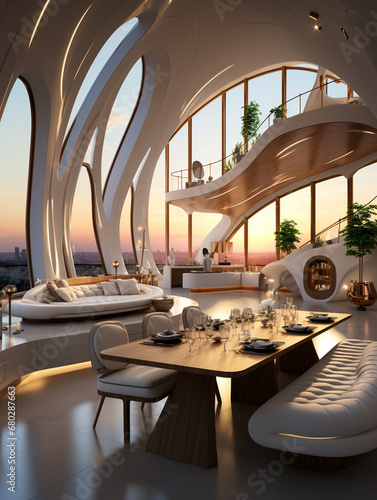 Futuristic apartment, interior design, French-inspired light style, with beige white as the main color tone. AI Generative