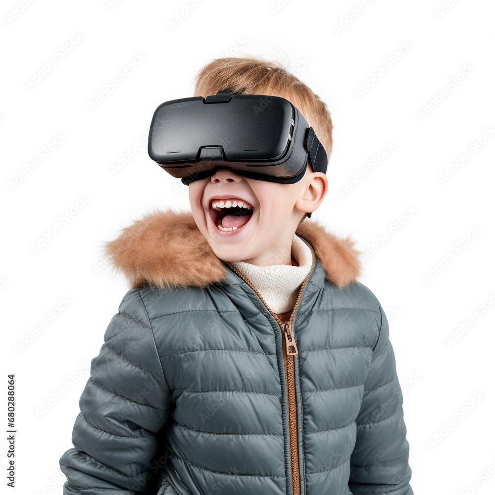 a cute boy wearing VR glasses isolated on white background, AI Generative.