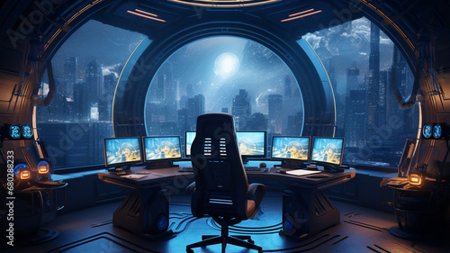 futuristic spaceship in dark interior with blue computer and space ship photo