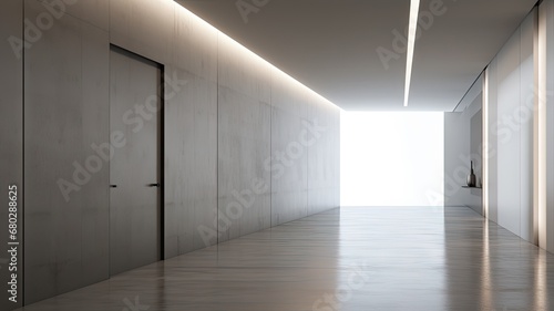  a minimalistic corridor with lights on a wall, empty hallway in office building, minimalist designs, white background, generative AI © XiaoYu