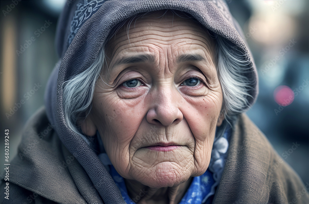 An old, poor woman with a sad expression on her face. October 17 is the International Day for the Eradication of Poverty An old, poor woman with a sad expression on her face. October 17 is the International Day for the Eradication of Poverty