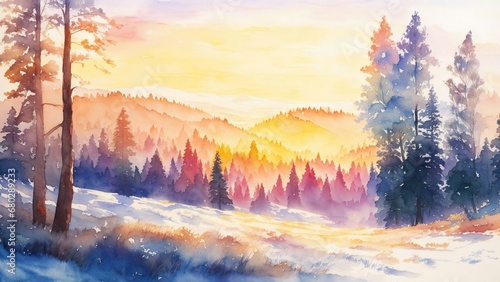Winter landscape with snow-covered trees in the forest during sunset in the style of watercolor painting