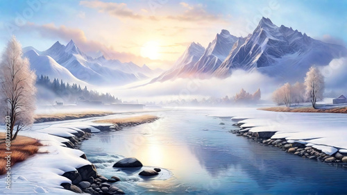 Winter landscape with a river on the background of snow-capped mountains during sunrise in pastel colors © Volodymyr