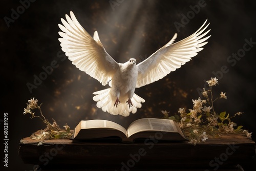A dove with outstretched wings over an open Bible in the sunlight