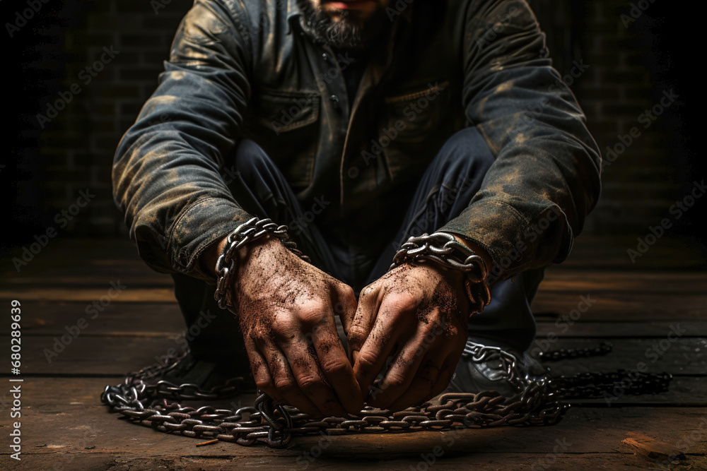 A man prisoner with chained Hands: The Symbol of Captivity and Restriction. - obrazy, fototapety, plakaty 