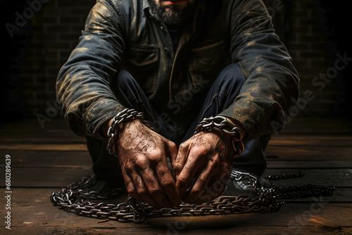 A man prisoner with chained Hands: The Symbol of Captivity and Restriction. photo