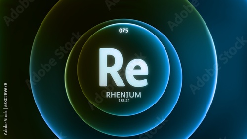 Rhenium as Element 75 of the Periodic Table. Concept illustration on abstract green blue gradient rings seamless loop background. Title design for science content and infographic showcase display. photo
