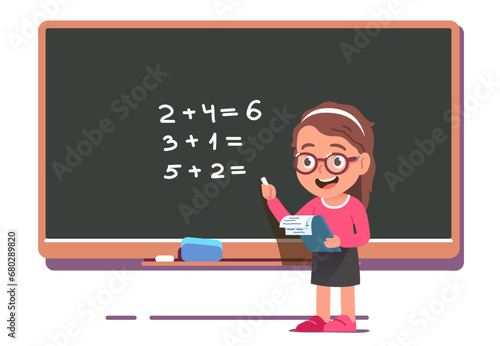 Student girl, teacher do math exercises at class