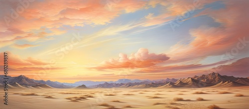 As the summer sky painted in vibrant hues of red, the sun's light gracefully caressed the textured landscape of the mountainous desert park, casting shadows upon the colorful sand as the clouds danced